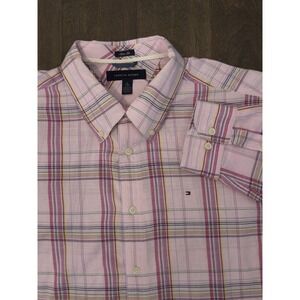 Tommy Hilfiger Slim Fit Shirt Mens‎ Size XL Pink Plaid Button Down Long Sleeve